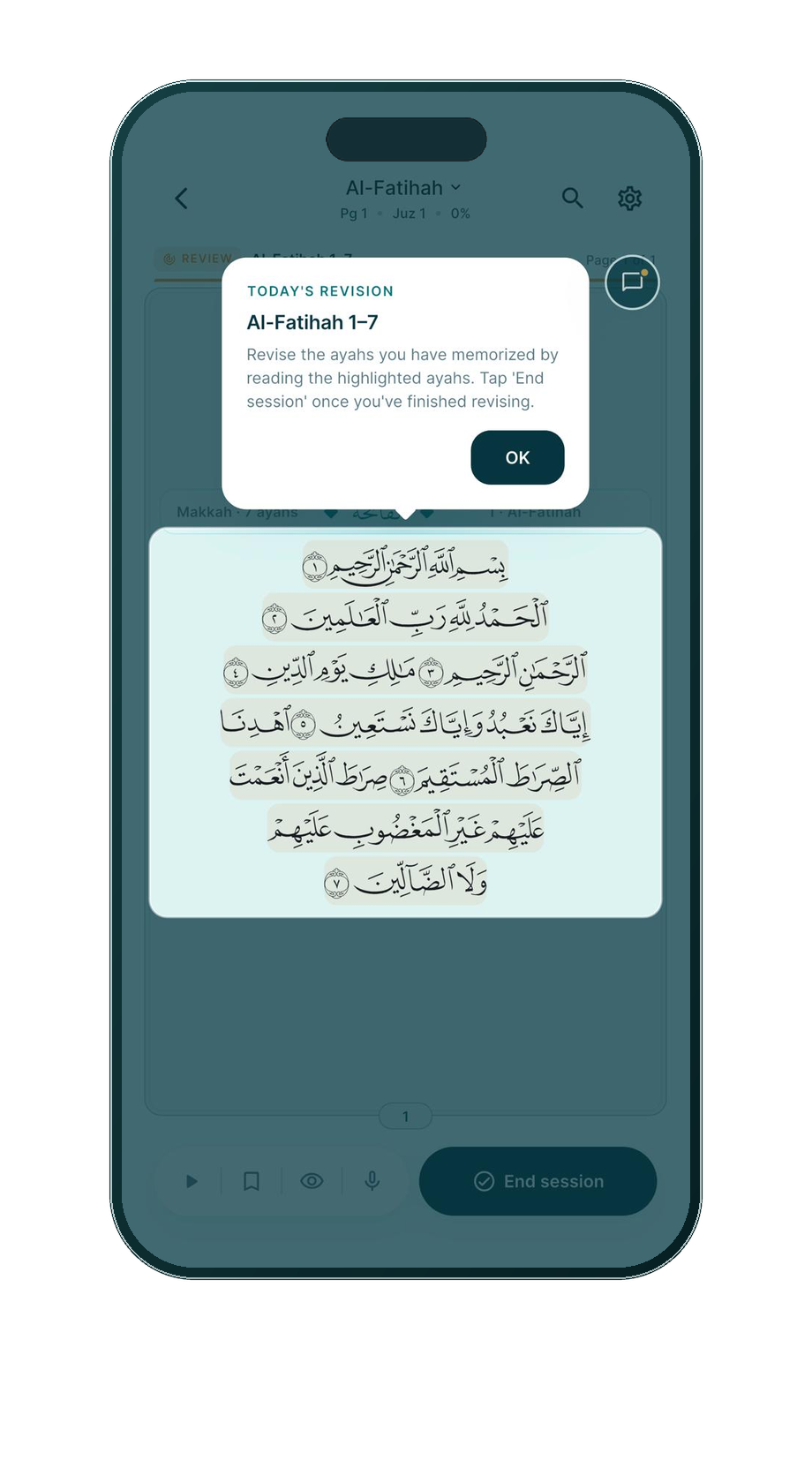 Hafidh revision session with instructions and highlighted ayahs from Al-Fatihah