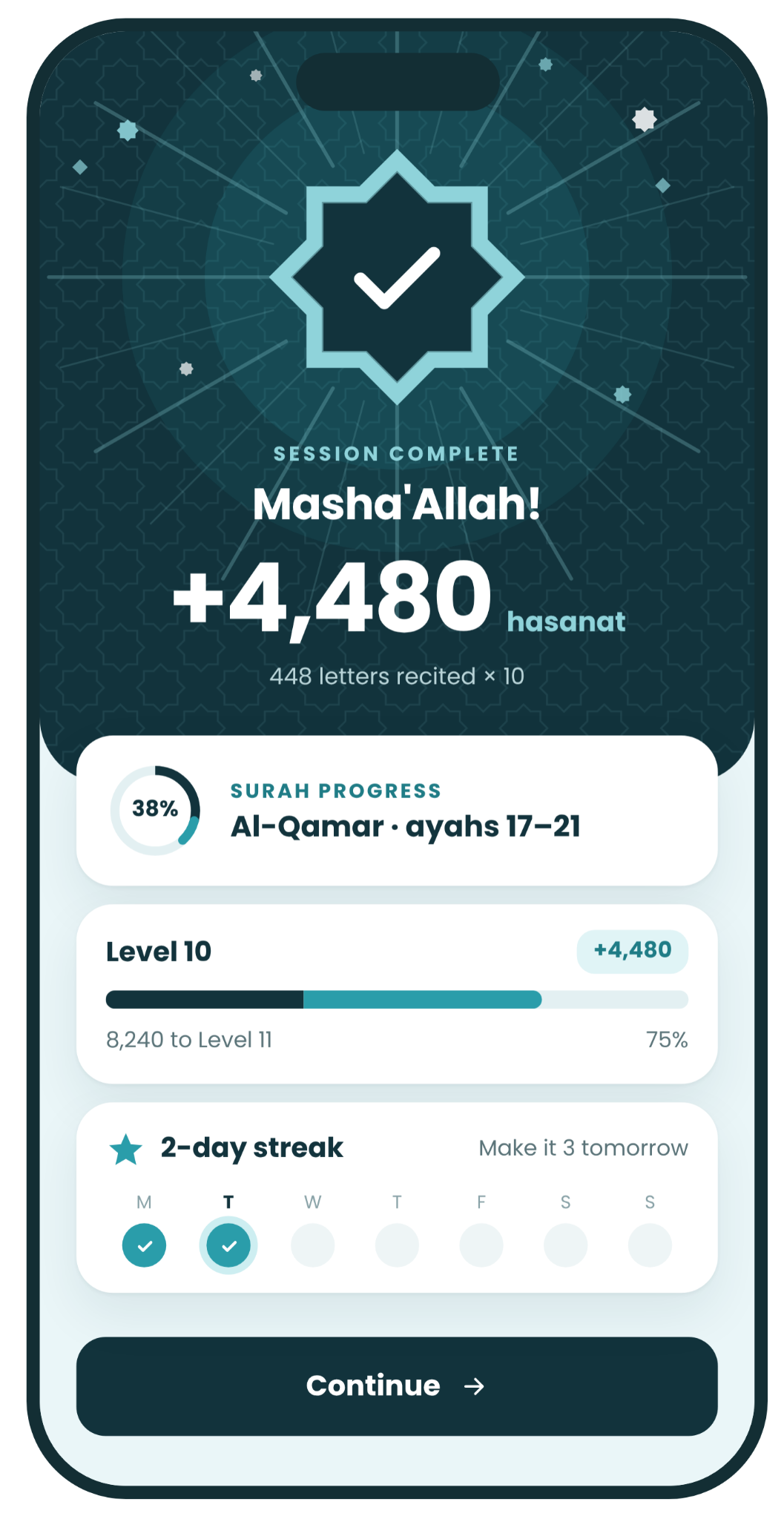 Hafidh session complete with estimated hasanat, surah progress and streak